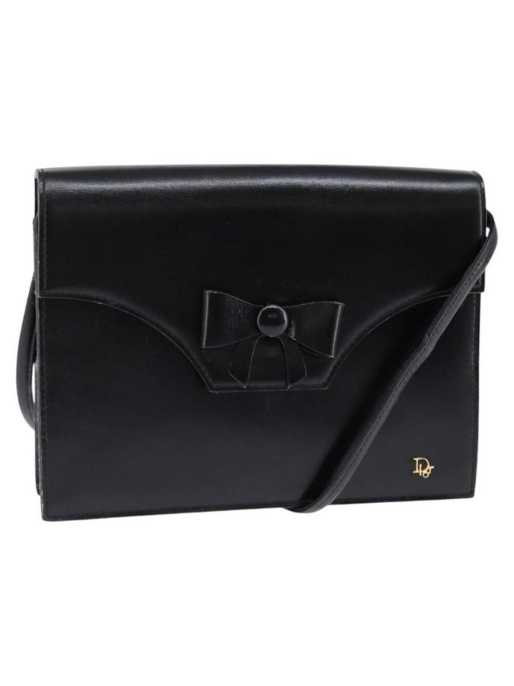 Authentic Christian Dior Shoulder Bag Leather Black Gold